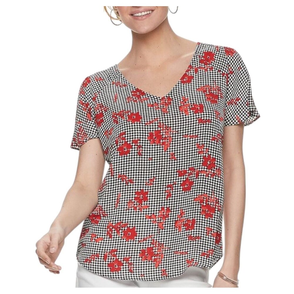 ELLE  Women's Top Floral Ghimgan V-Neck Flutter‎ Sleeve Size XL